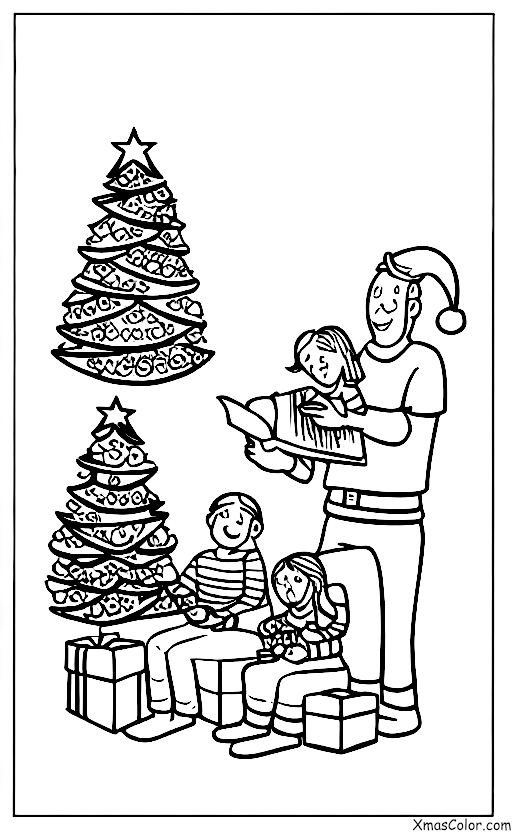 Christmas / Choosing and Cutting Down a Christmas Tree: A family enjoying their decorated Christmas tree