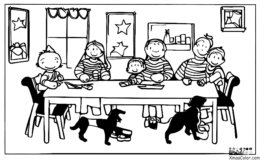 Christmas / Christmas Cards: A family of five sitting around the table writing out Christmas cards