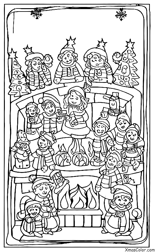 Christmas / Christmas carolers: Christmas carolers singing in front of a fireplace