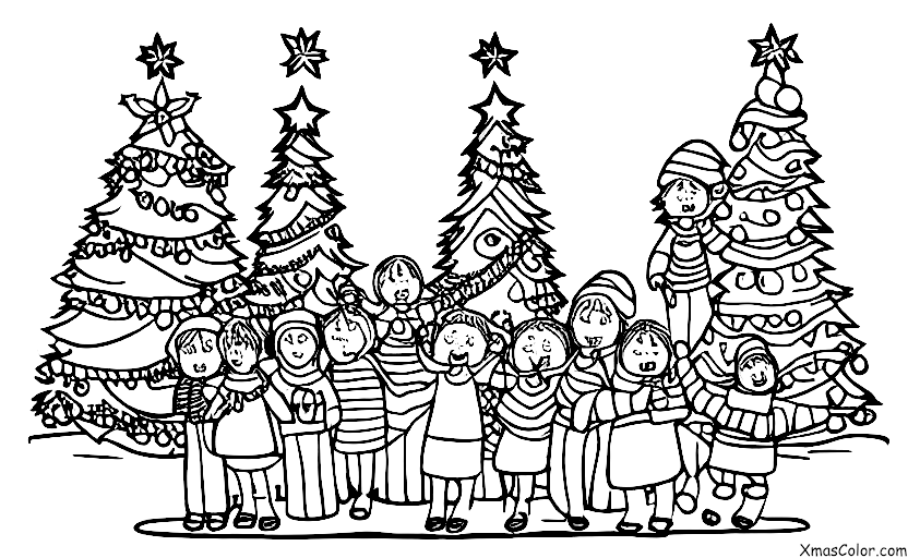 Christmas / Christmas caroling: Christmas carolers singing in front of the Christmas tree