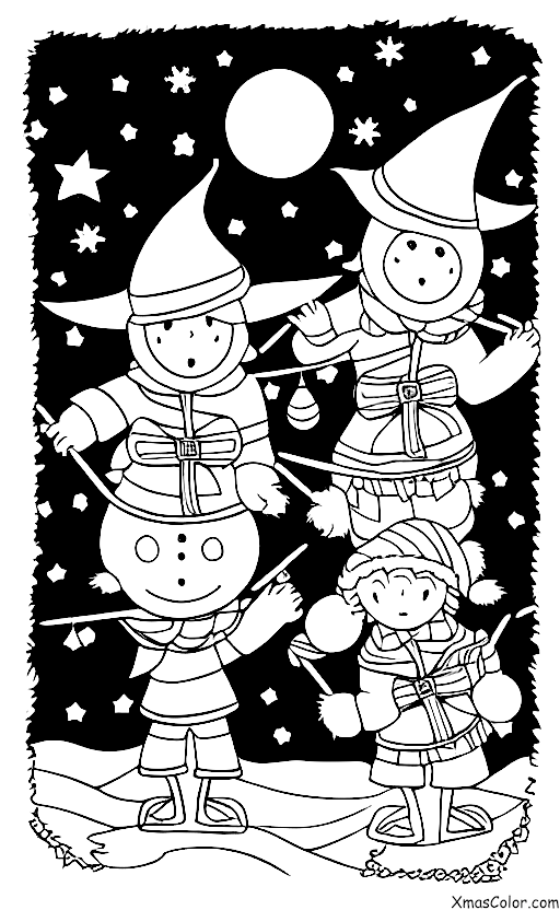 Christmas / Christmas Elf: Two Christmas elves flying on a broomstick