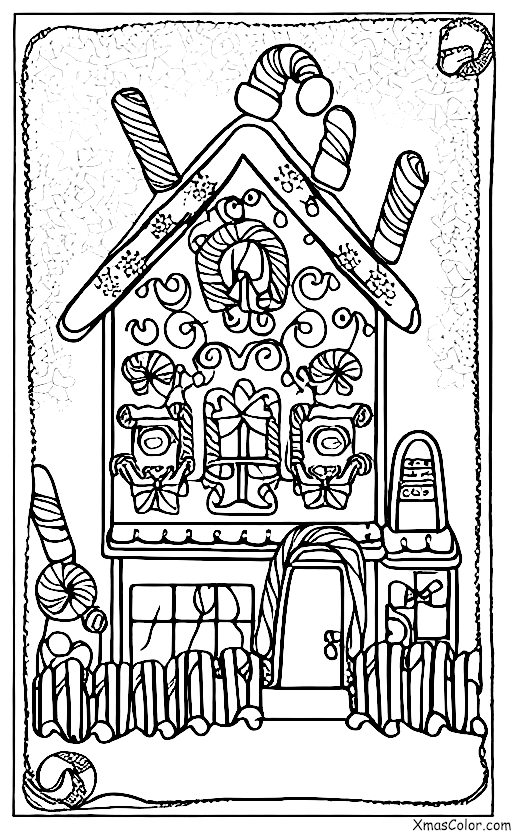 Christmas / Christmas gingerbread houses: A gingerbread house with a big Christmas tree in front of it