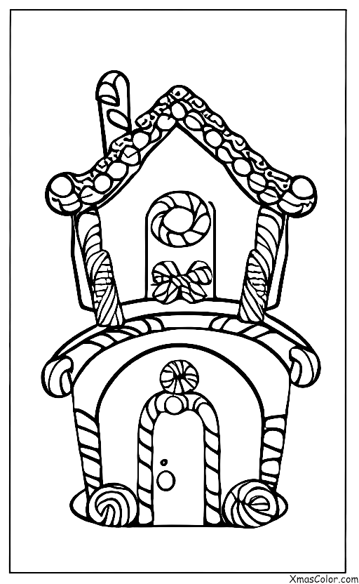 Christmas / Christmas gingerbread houses: A gingerbread house with a candy chimney and a candy wreath on the door