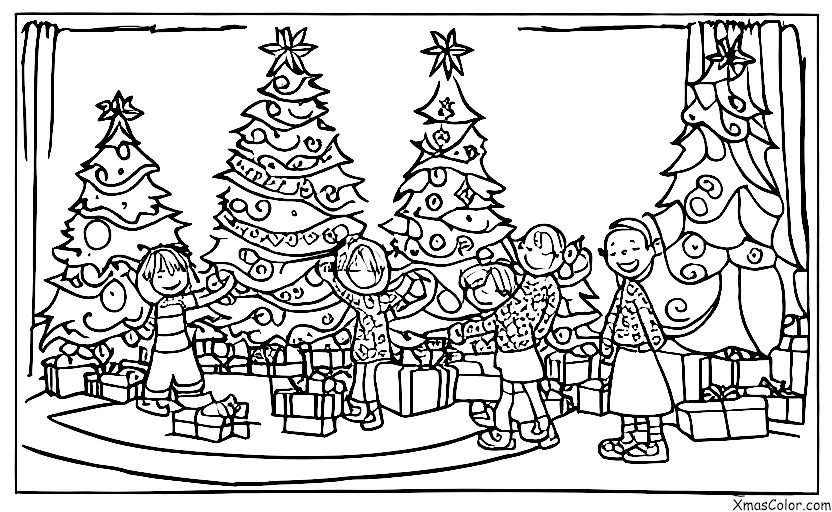 Christmas / Christmas in America: A family gathered around the Christmas tree, opening presents