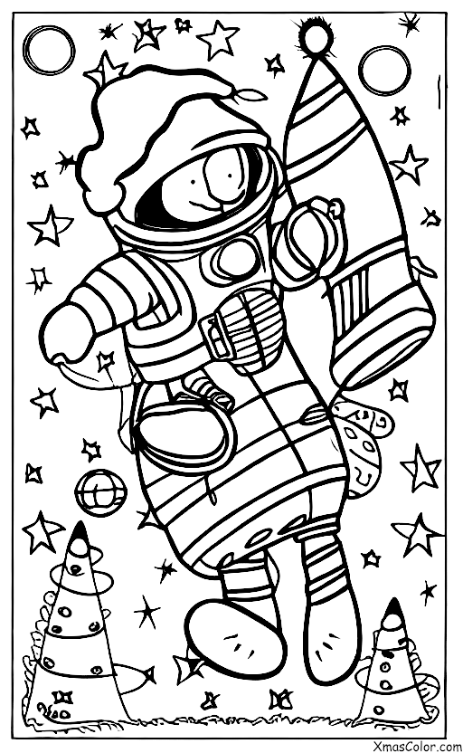 Christmas / Christmas in the future: Santa in a spacesuit flying a rocket