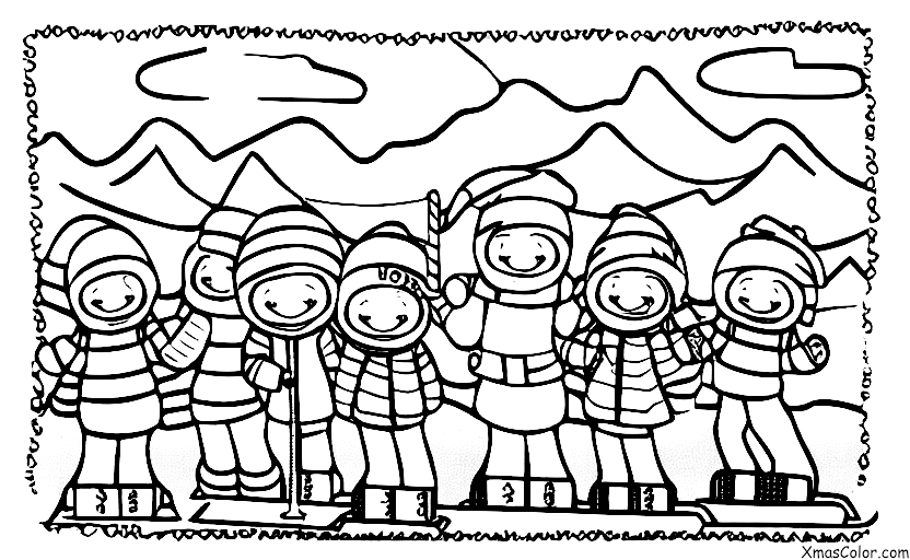 Christmas / Christmas in the mountains: A group of people skiing down a mountain