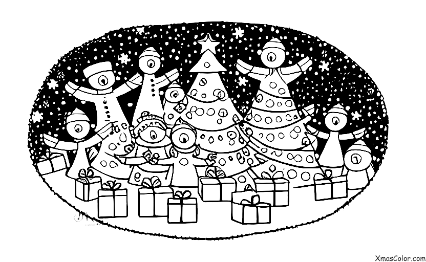 Christmas / Christmas in the suburbs: A group of friends gathered around a Christmas tree, smiling and enjoying each other's company