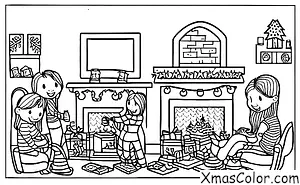 Christmas / Christmas in the suburbs: Friends are gathered around the fireplace drinking hot cocoa