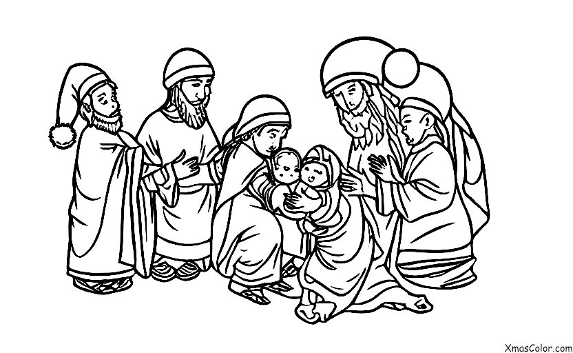 Christmas / Christmas Pageants: The three wise men bringing their gifts to the baby Jesus