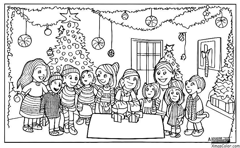 Christmas / Christmas Spirit: A family gathered around the Christmas tree smiling and laughing