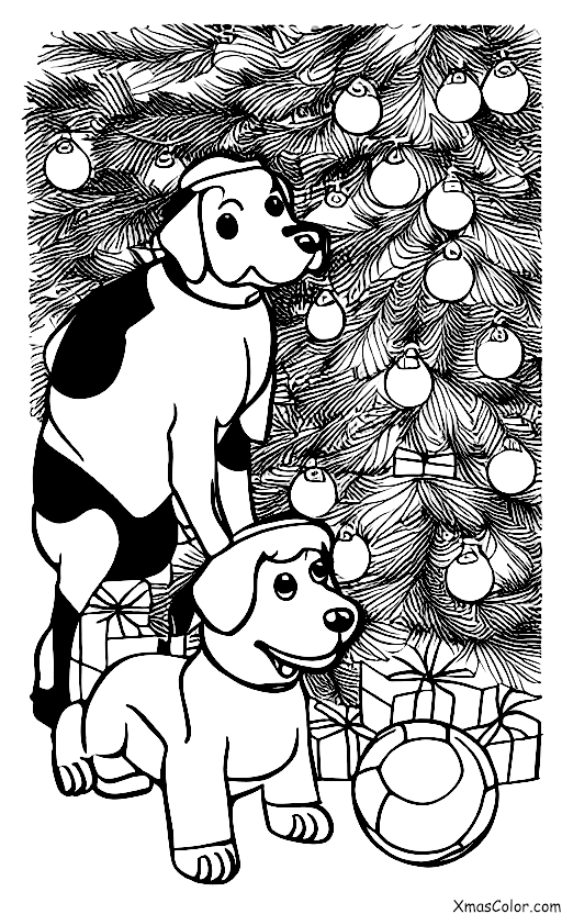 Christmas / Christmas Tree Decorating: A dog playing under the Christmas tree