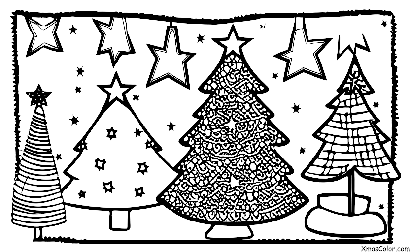 Christmas / Christmas Trees: A Christmas tree decorated with lights, ornaments, and a star on top