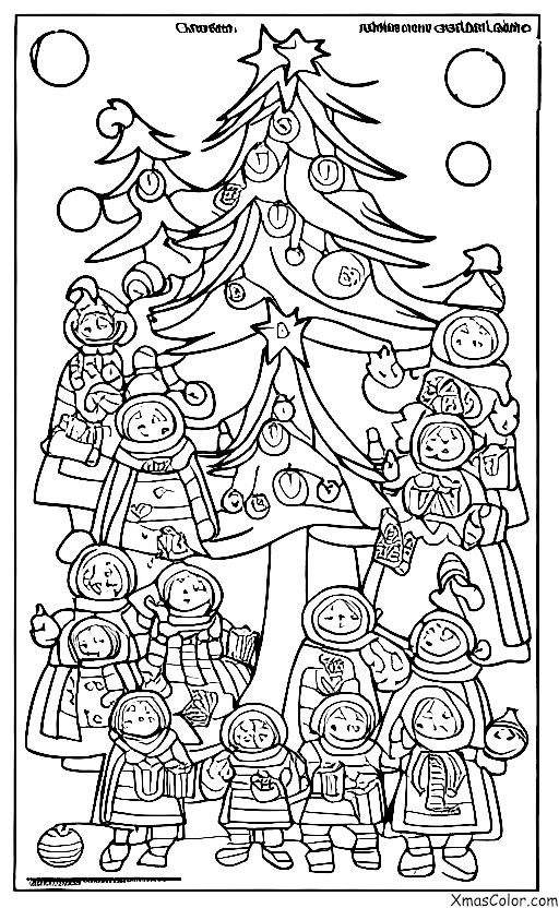 Christmas / Christmas Trees: A group of carolers singing around a Christmas tree