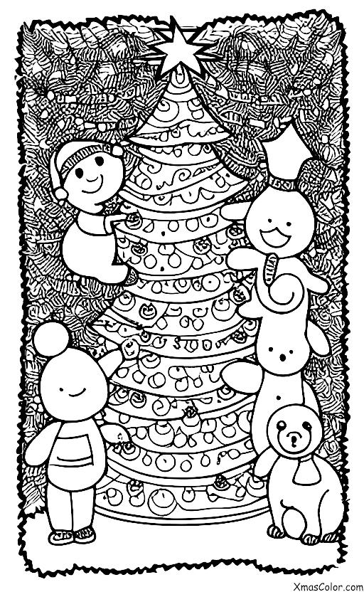 Christmas / Christmas with animals: Animals gathered around a Christmas tree