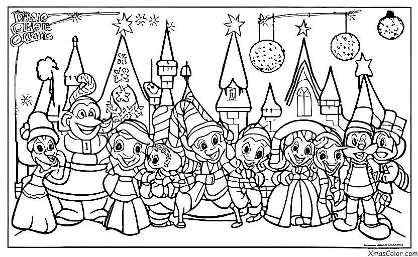 Christmas / Disney Christmas: All of the Disney Characters decorating the Christmas tree at Disneyland