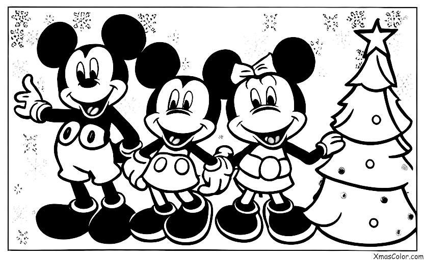 Christmas / Disney Christmas: Mickey Mouse and Minnie Mouse decorating the Christmas tree