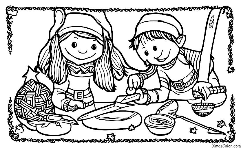 Christmas / Elves: An elf wood carving a toy