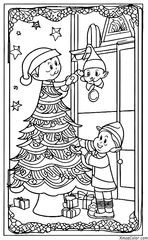 Christmas / Elves: Elf decorating the Christmas tree