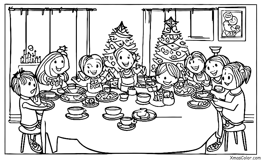 Christmas / Feliz Navidad: A family gathered around the Christmas dinner table