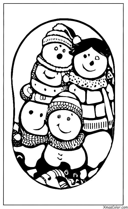 Christmas / Feliz Navidad: Kids playing in the snow with sleds and snowmen