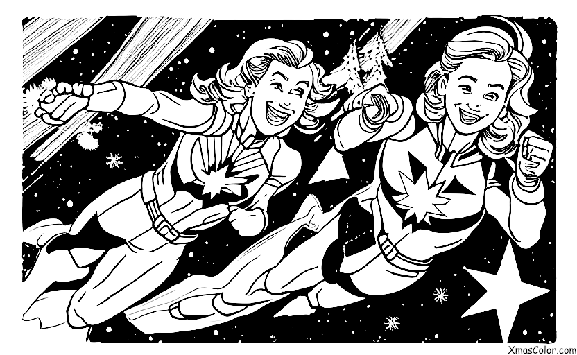 Christmas / Marvel Christmas: Captain Marvel flying through the sky to save Christmas