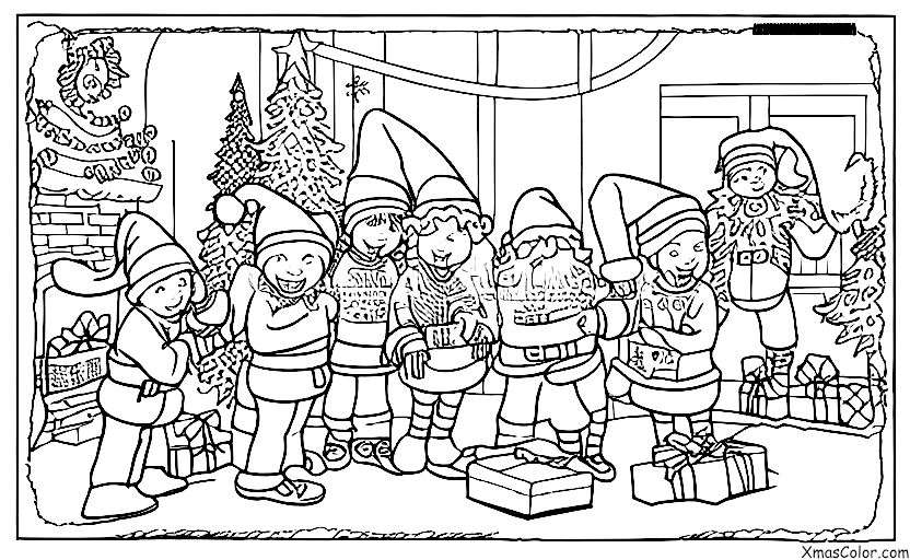 Christmas / North Pole: Santa Claus and his elves giving presents to children
