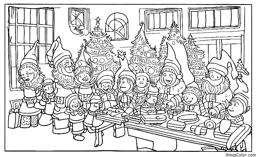 Christmas / North Pole: Santa Claus and his elves in their workshop at the North Pole
