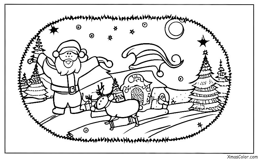 Christmas / O Come, All Ye Faithful: Santa and his reindeer flying through the night sky