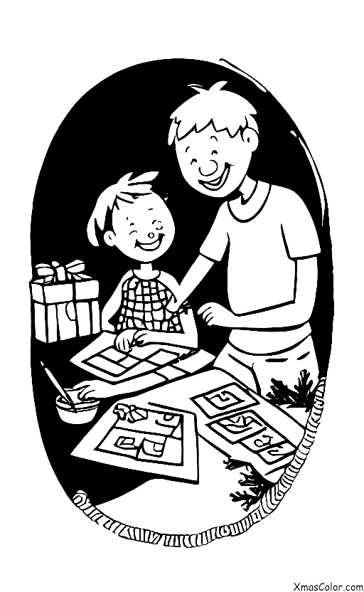 Christmas / Sending Christmas Cards: A child helping an adult write a Christmas card