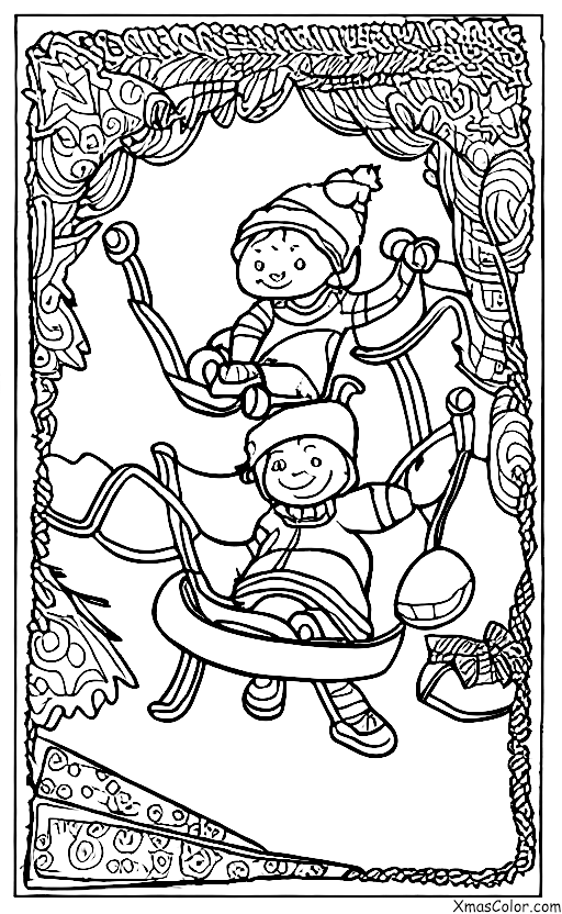 Christmas / Sledding: A child sledding alone
