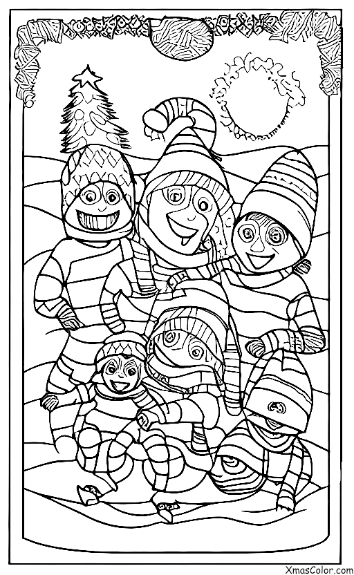 Christmas / Sledding: A family of three sledding together down a hill