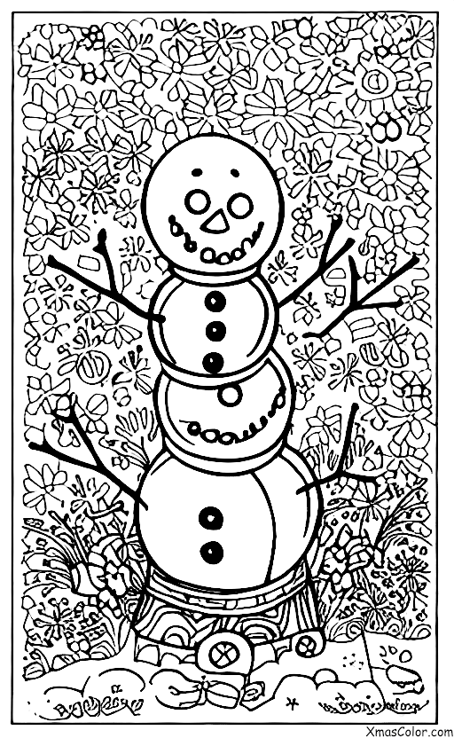 Christmas / Snow Man: A snowman in the middle of a field of flowers