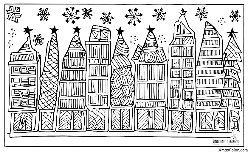 Christmas / Snowflakes: A snowflake falling on a cityscape