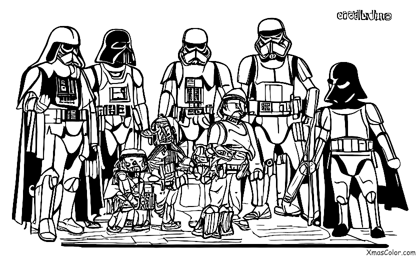 Christmas / Star Wars Christmas: A scene of Darth Vader and his Stormtroopers decorating a Christmas tree