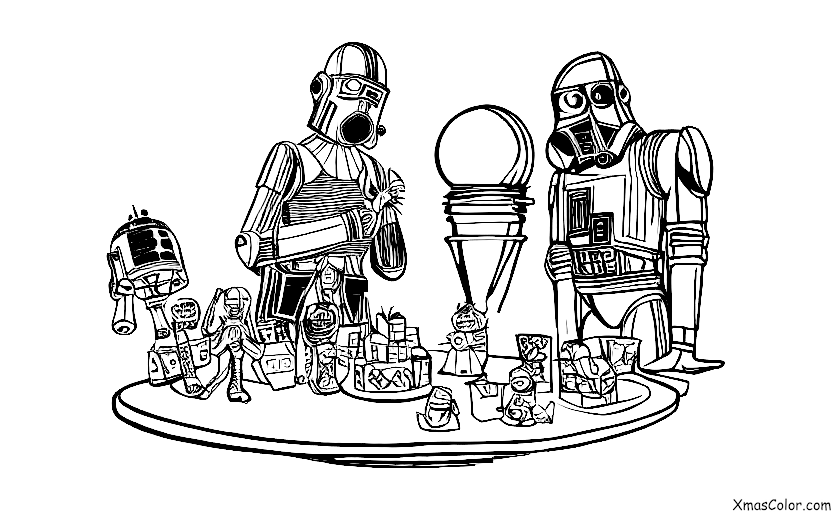 Christmas / Star Wars Christmas: A scene of R2-D2 and C-3PO decorating a Christmas tree