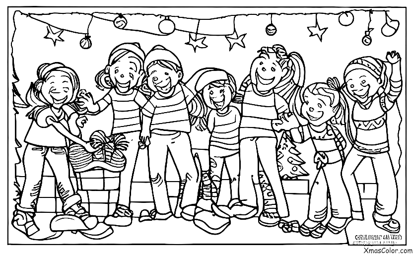 Christmas / Stringing Christmas lights: A group of friends are stringing up Christmas lights together