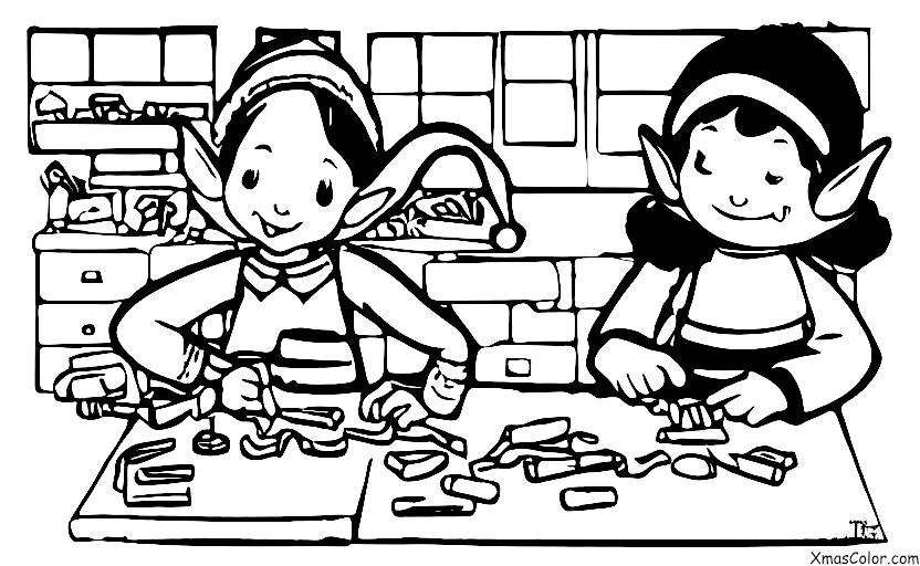 Christmas / The elves: An elf making a toy in Santa's workshop