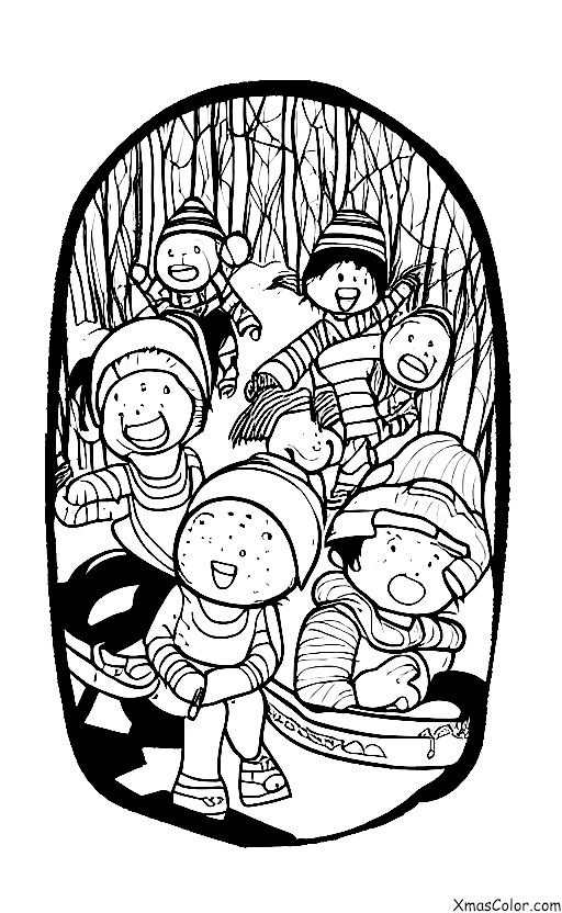 Christmas / The Nutcracker: A group of children sledding down a hill