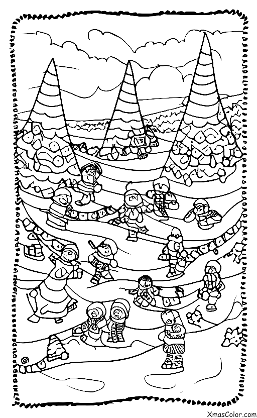 Christmas / Wintry Weather: A scene of kids sledding down a hill